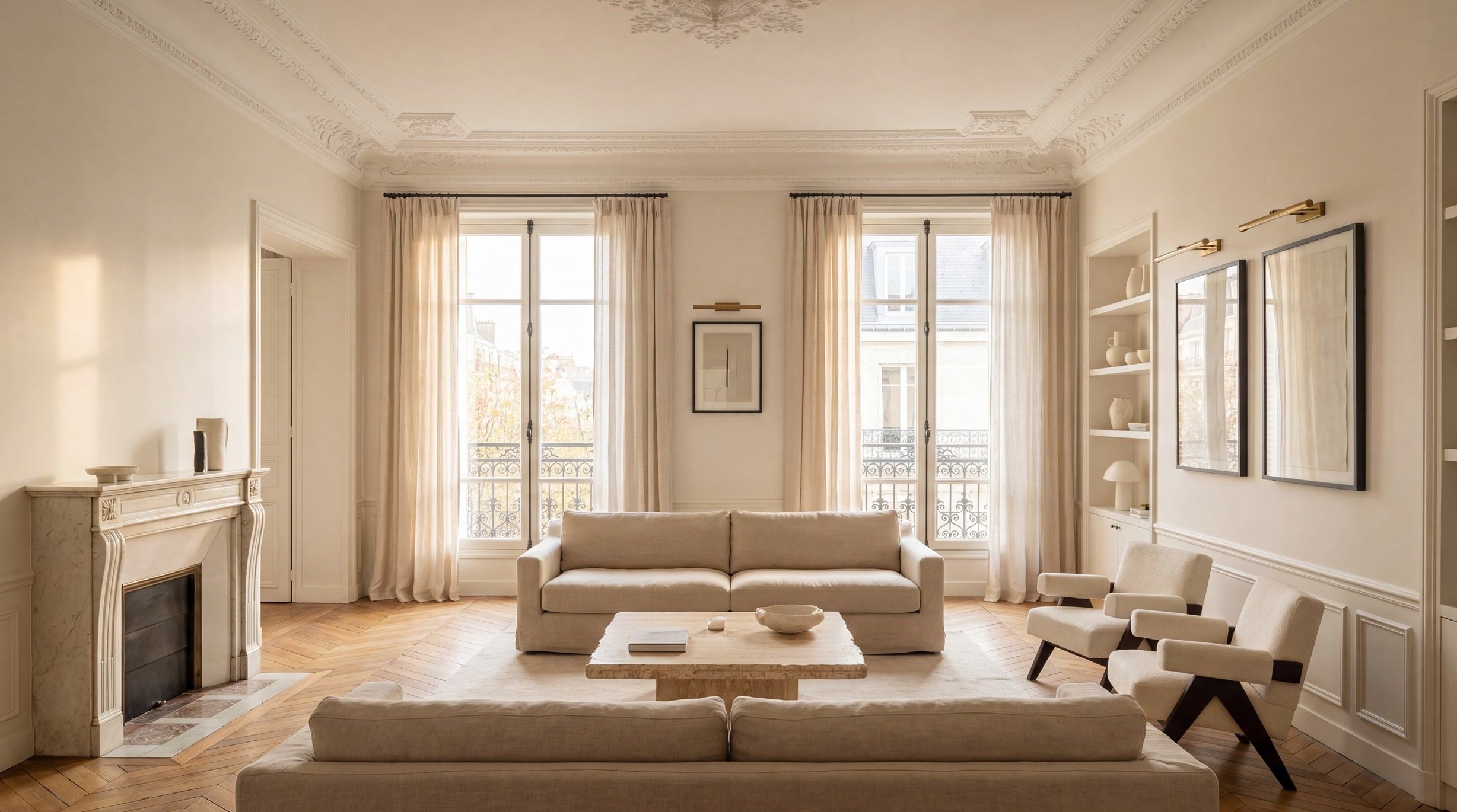 Grand salon haussmannien à Nantes : moulures et rosace, hautes fenêtres, canapés en lin face à face, cheminée de marbre, parquet point de Hongrie.