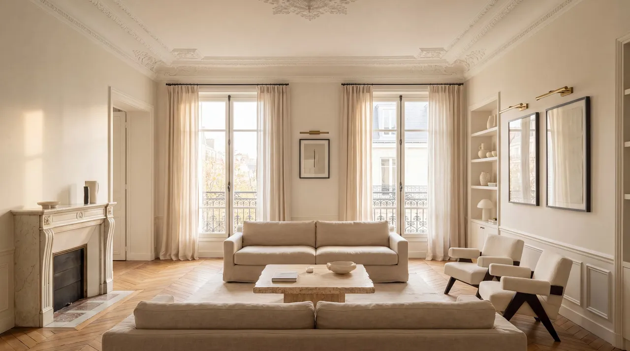 Grand salon haussmannien à Nantes : moulures et rosace, hautes fenêtres, canapés en lin face à face, cheminée de marbre, parquet point de Hongrie.