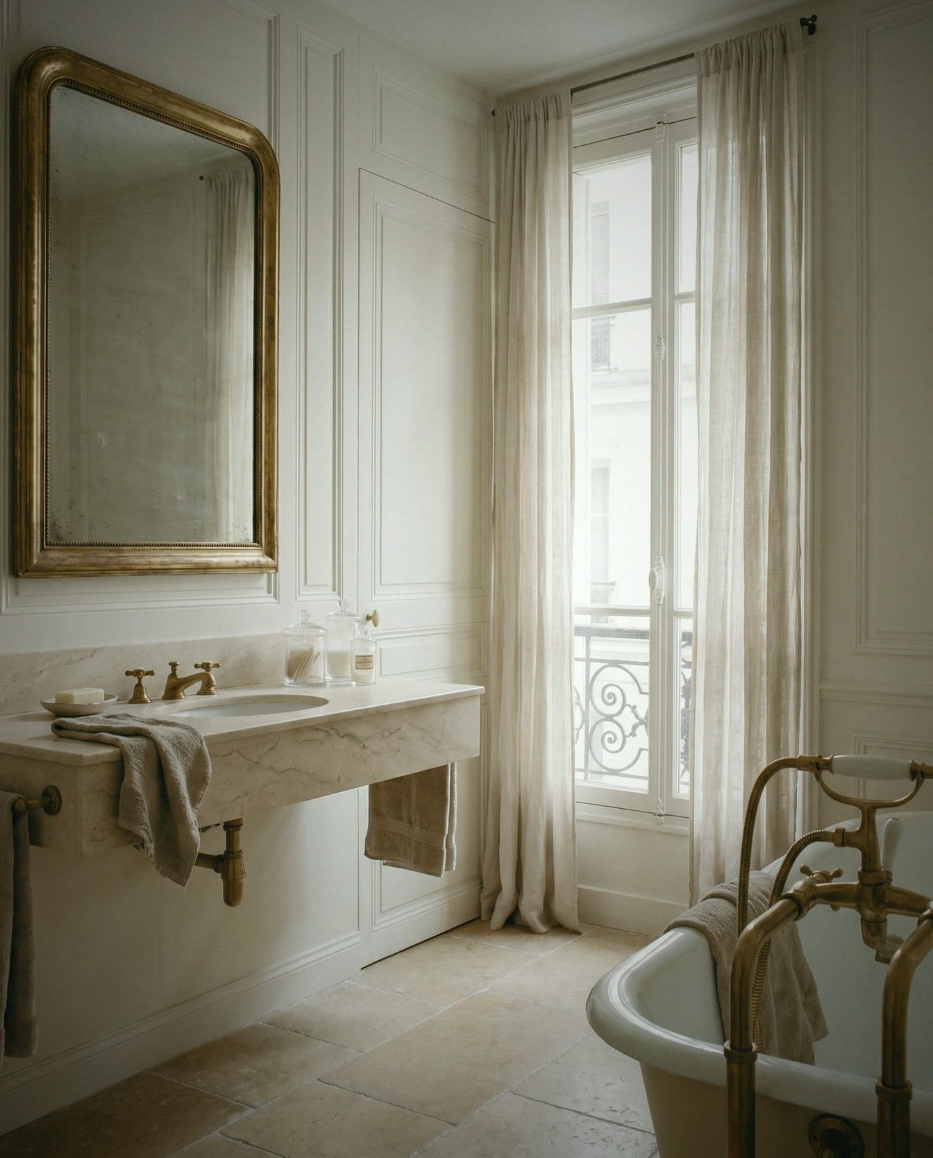 Salle de bain, meuble en marbre clair, robinetterie laiton, mur à panneaux.