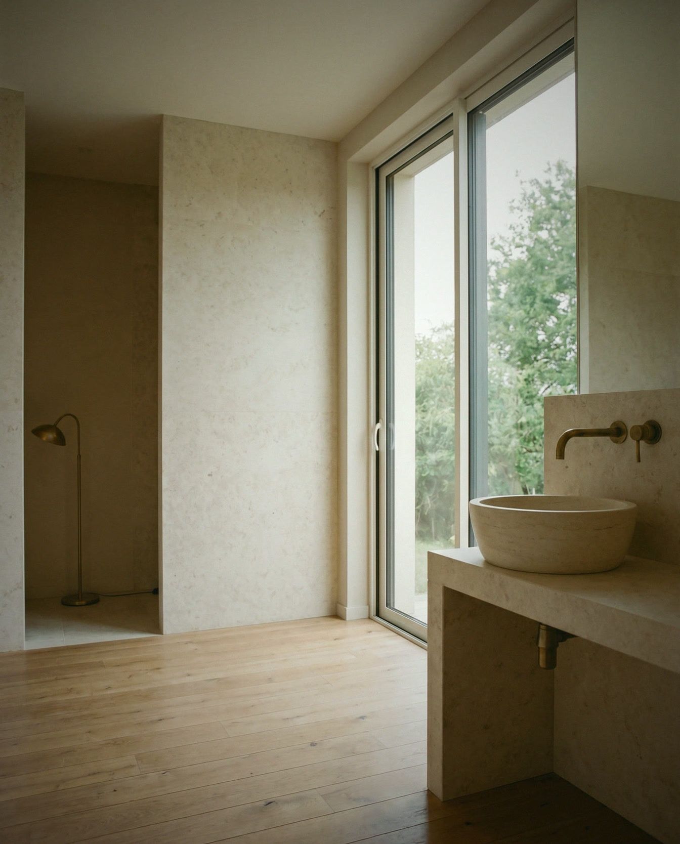 Salle de bain, chêne et pierre, vasque en pierre, robinet laiton, baie sur la verdure.