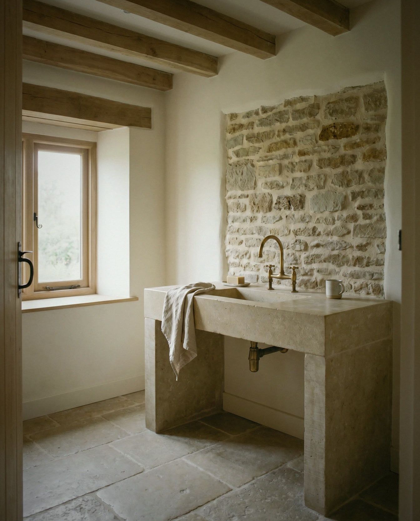 Salle de bain, vasque en pierre massive, robinet laiton, sol en pierre.