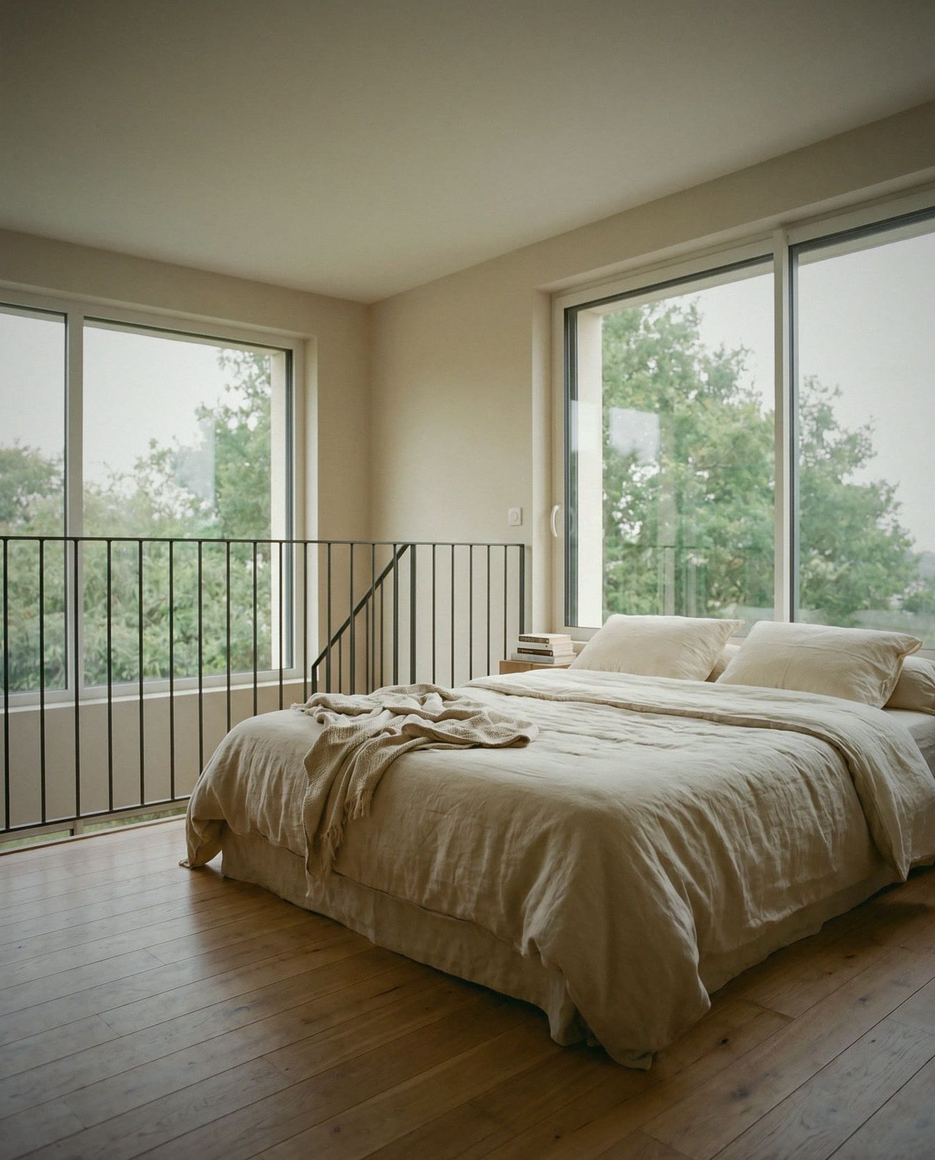 Chambre en mezzanine, lit en lin, chêne clair, garde-corps acier, baie sur les arbres.