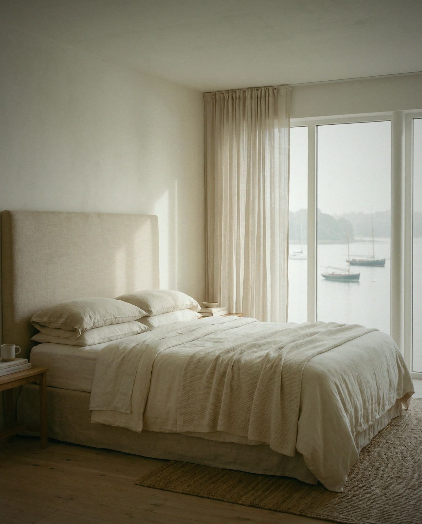 Chambre parentale, tête de lit en lin, parquet chêne, fenêtre sur l’estuaire.