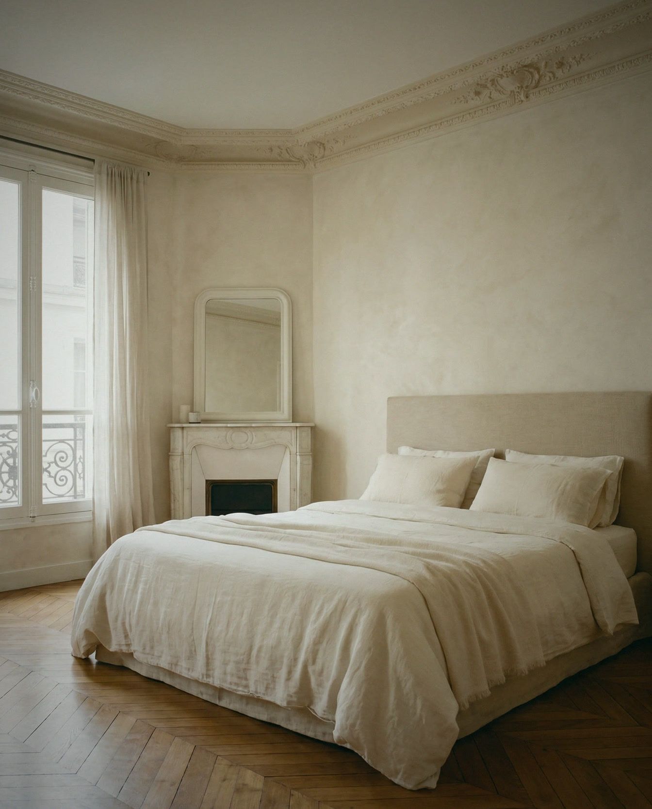 Chambre, tête de lit en lin, moulures, cheminée de marbre, haute fenêtre.
