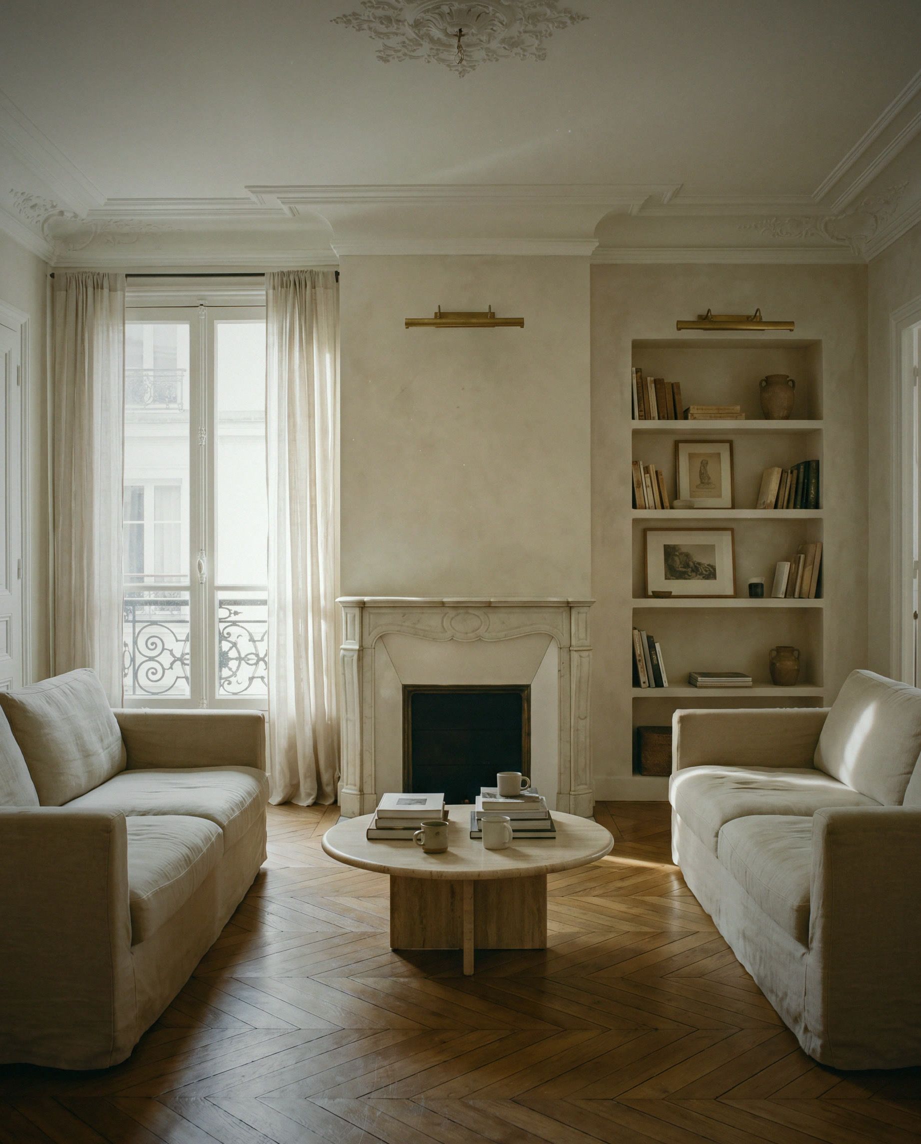 Salon haussmannien à Nantes : moulures et rosace, cheminée de marbre, parquet point de Hongrie, mobilier de lin.