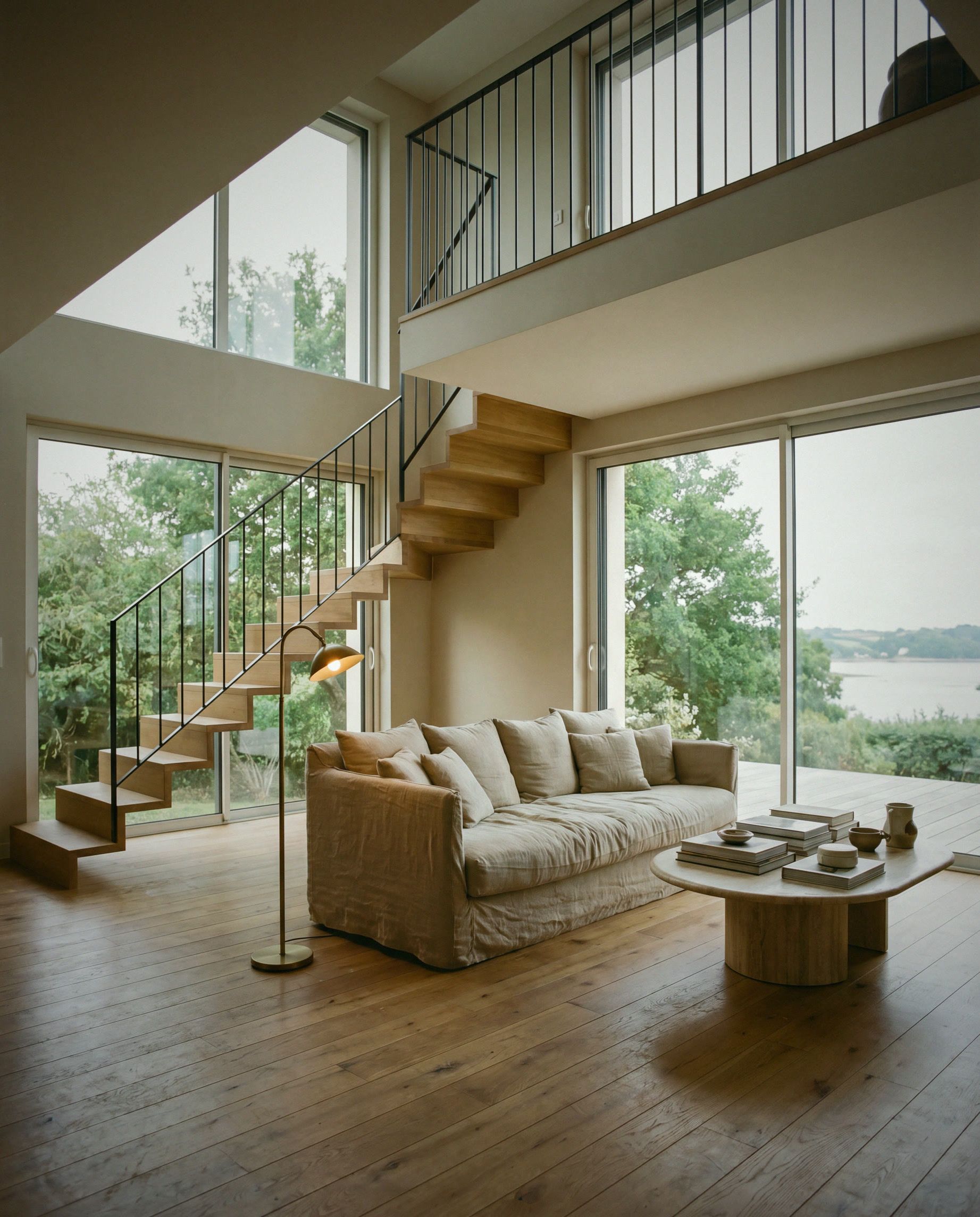 Séjour double hauteur d’un duplex à Vannes : baie vitrée toute hauteur sur la verdure, escalier chêne suspendu, lin et laiton.