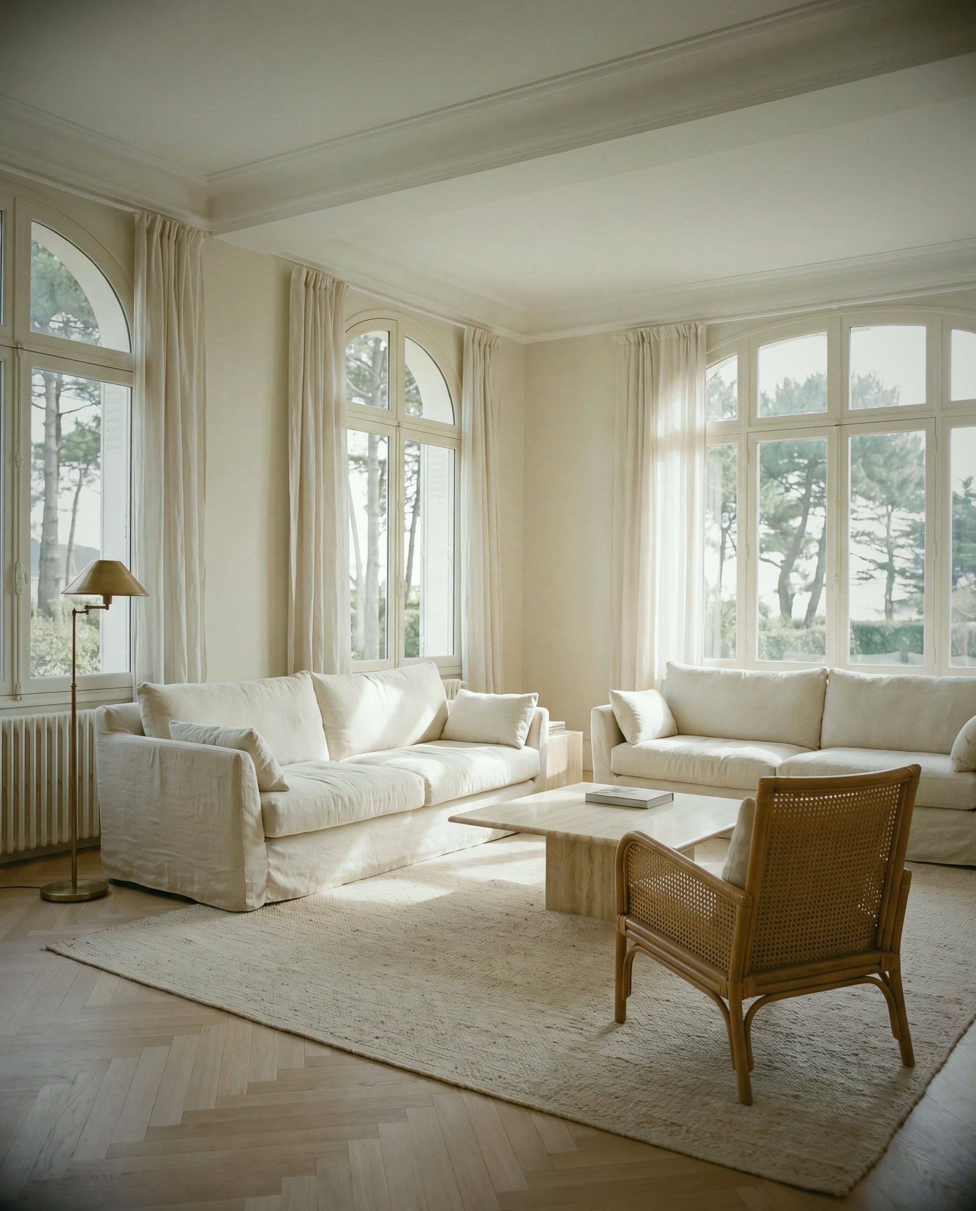 Villa balnéaire des années 30 à La Baule rénovée : hauts plafonds, fenêtres cintrées, voilages de lin, parquet chevron, lin et cannage, lumière de l’océan.
