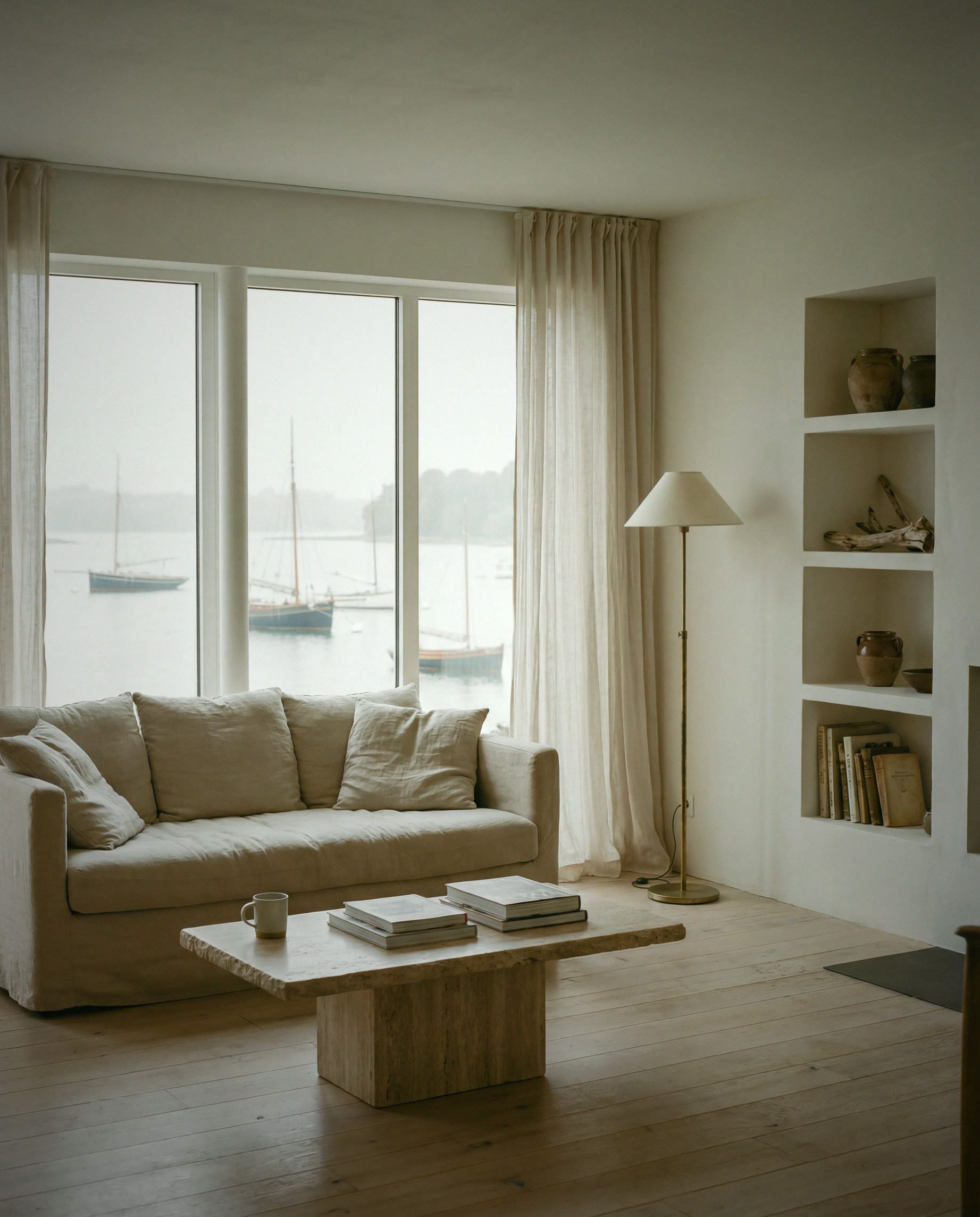 Séjour ouvert d’une villa contemporaine face à l’estuaire du golfe du Morbihan, lin et chêne clair, lumière douce.