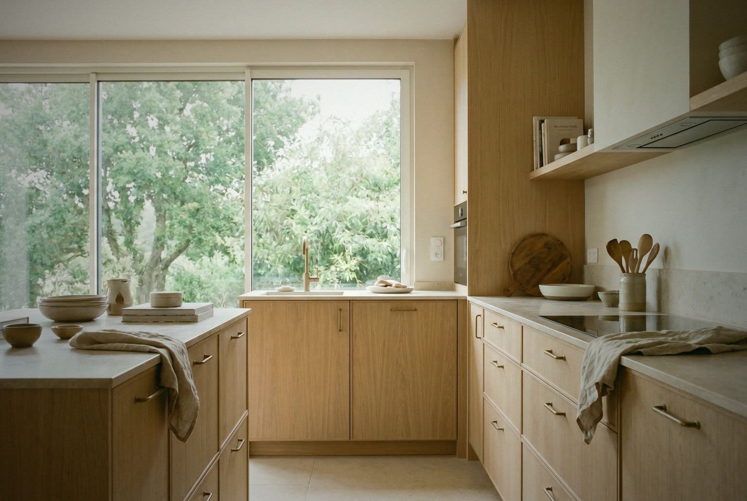 Cuisine ouverte du duplex, façades en chêne clair et plan en pierre, grande baie sur la verdure.