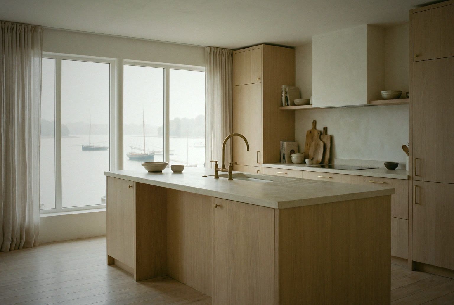 Cuisine ouverte de la villa, îlot en chêne clair et plan en pierre, vue sur l’estuaire.