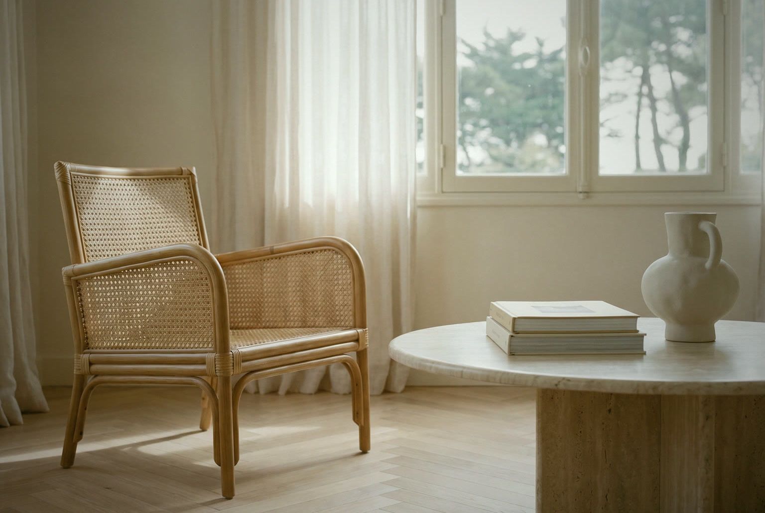 Détail : fauteuil en cannage et table ronde en travertin près d’une fenêtre voilée, livres et pichet de céramique.
