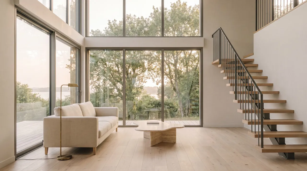 Séjour double hauteur d'un duplex à Vannes : baie vitrée toute hauteur sur les arbres et l'eau, escalier de chêne suspendu, lin et laiton, lumière dorée.