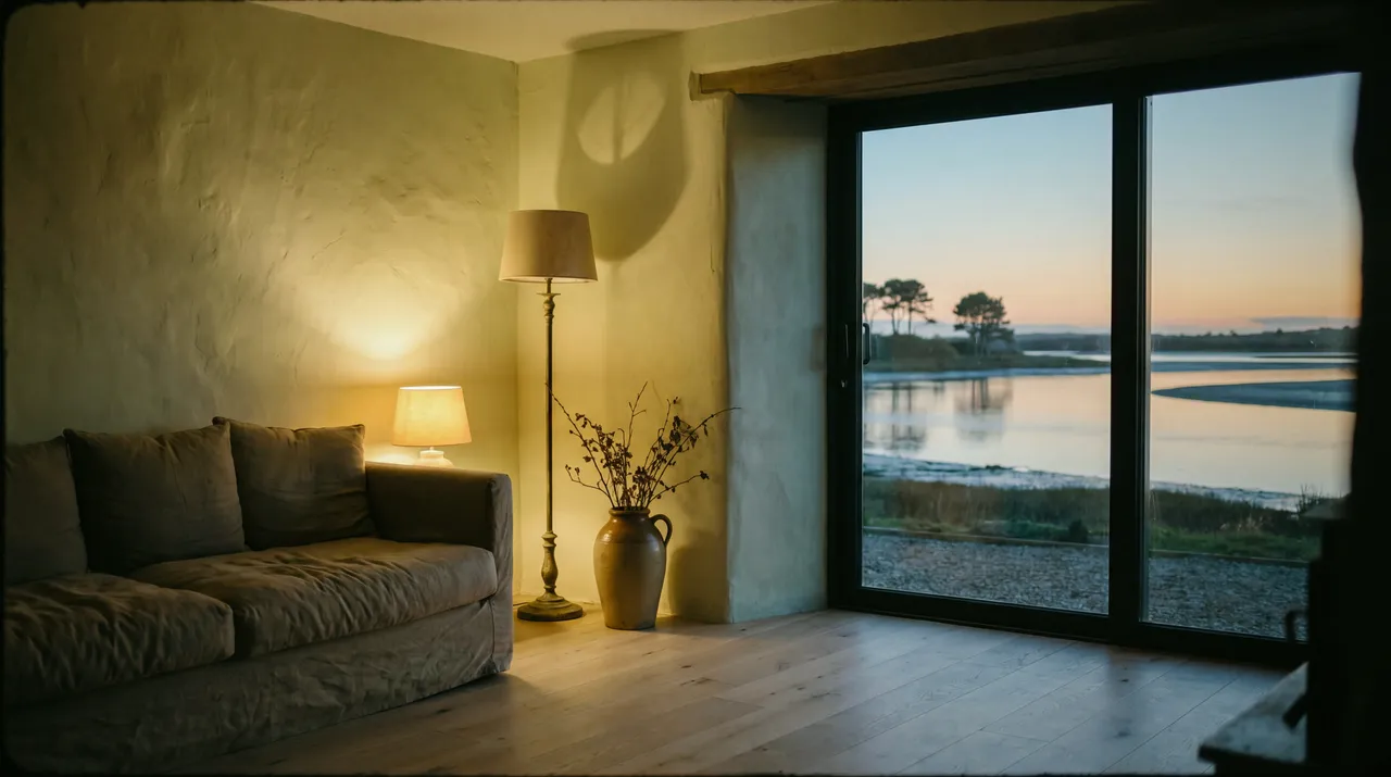 Intérieur d’une maison de l’Atelier au crépuscule : lumière chaude, grande baie sur l’estuaire du golfe du Morbihan, mur de plâtre clair et canapé de lin.