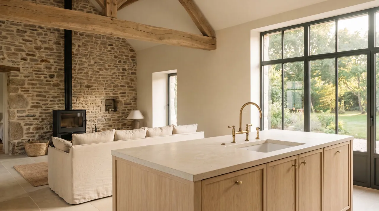 Cuisine-séjour d'une longère rénovée : mur de pierre et charpente chêne, poêle à bois, îlot en chêne clair et pierre, grand châssis acier sur le jardin.