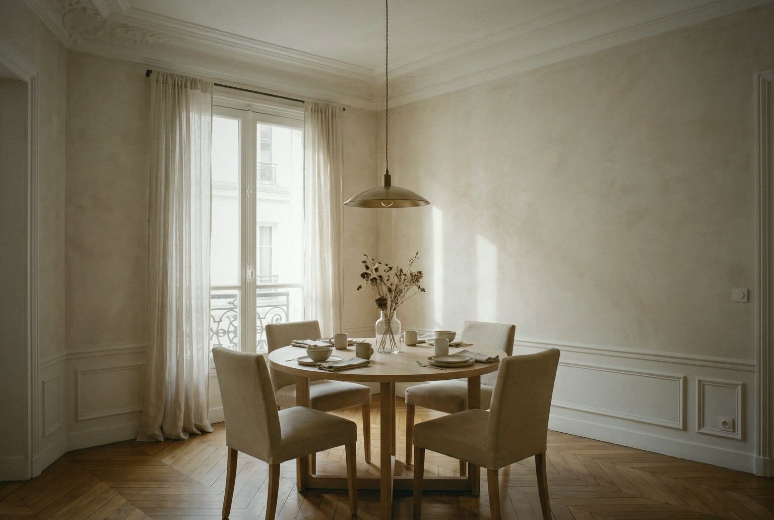 Salle à manger, table en chêne et chaises en lin sous une suspension en laiton, parquet point de Hongrie.