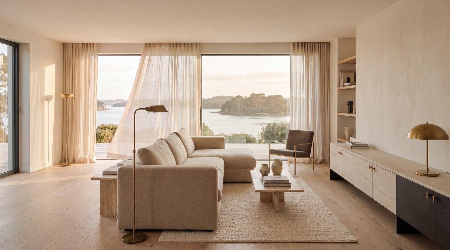 Séjour baigné de lumière dorée, mobilier de lin et accents de laiton, ambiance de l’Atelier Solène Vaury.