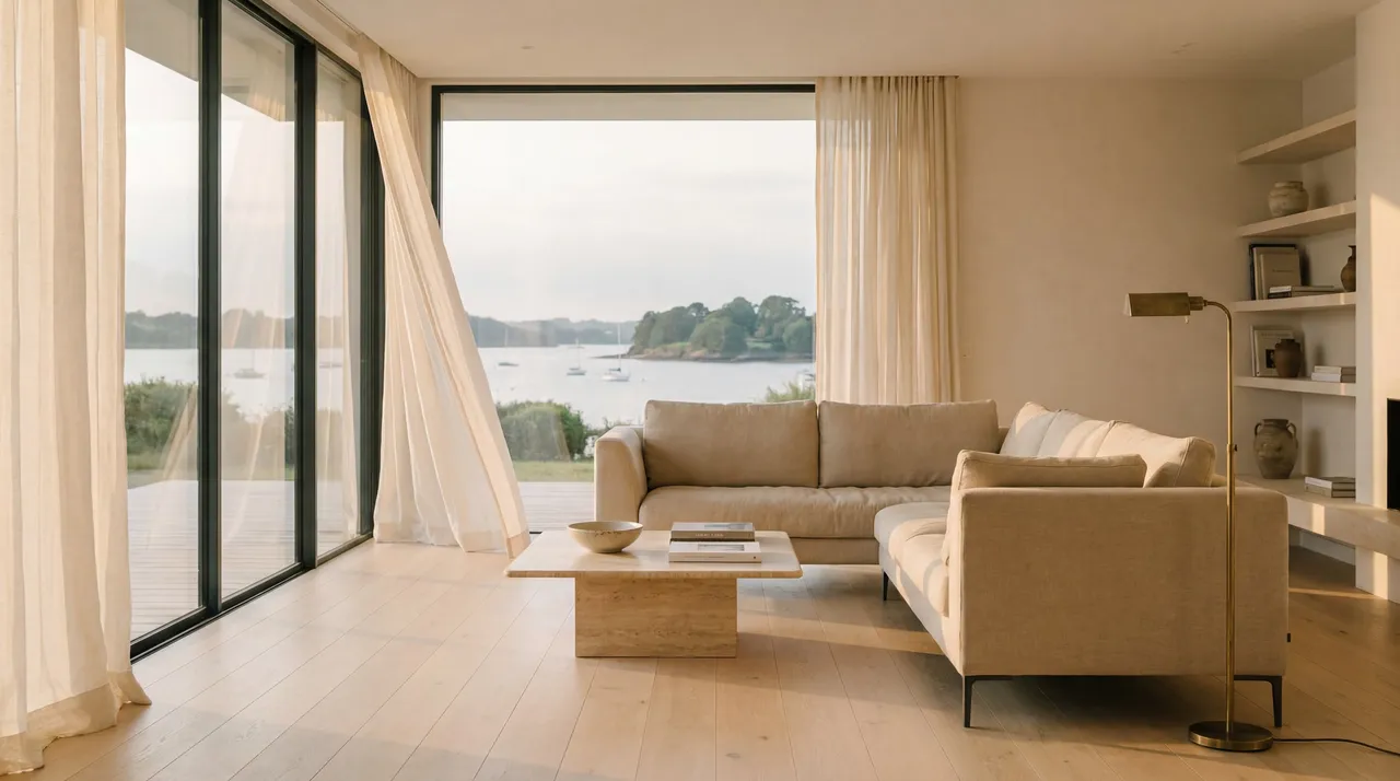 Séjour d'une villa contemporaine ouvert sur l'estuaire du golfe du Morbihan : baie vitrée toute hauteur, lin et chêne clair, lampadaire en laiton.
